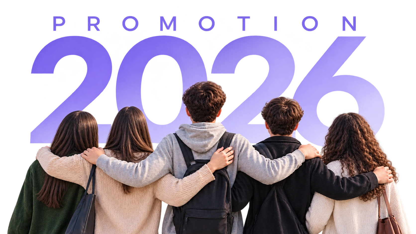 Promotion 2026 — cinq étudiants de dos, bras sur les épaules